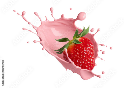 High-Quality PNG strawberry in pink milk splash on white background
