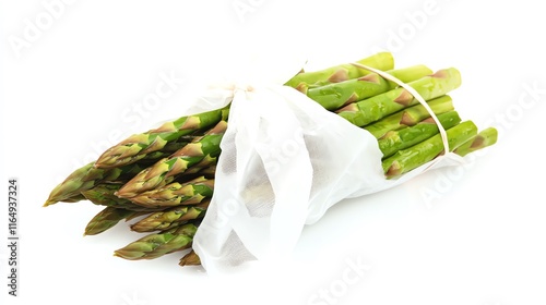 Fresh asparagus spears wrapped in a reusable mesh bag on a white background. photo