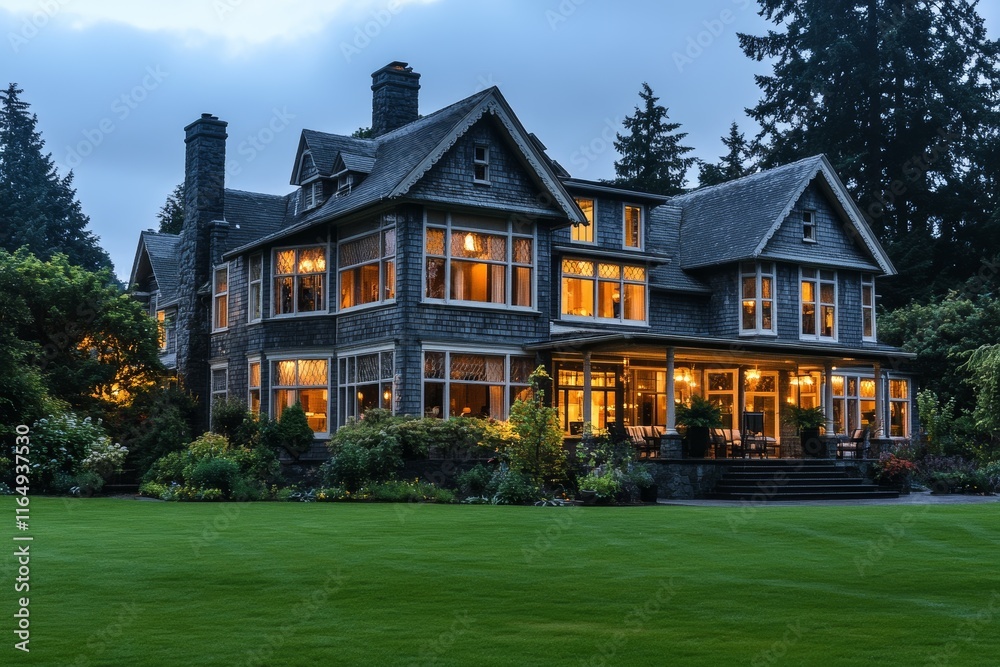 Grand Victorian mansion at dusk, lit windows, lush lawn. Grand Victorian mansion at dusk, lit windows, lush lawn.