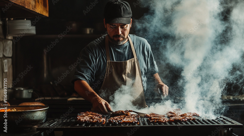 Grilling flavorful meats in a rustic kitchen filled with smoke and warmth Grilling flavorful meats in a rustic kitchen filled with smoke and warmth