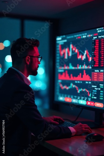 Investor scrutinizes stock price fluctuations and market movements on screen, dashboard, laptop screen