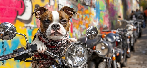 Boston Terrier dog on motorcycle, colorful graffiti background. photo