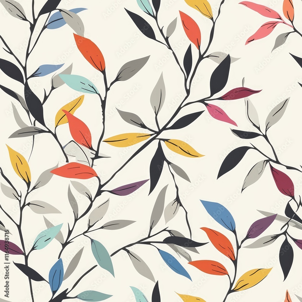 Fototapeta premium A colorful floral pattern featuring stylized leaves on a light background.