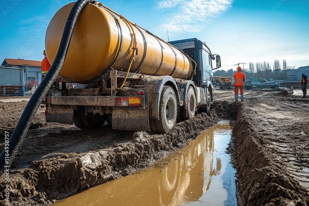 Sewage cleanup- pipe laying and installation into the ground by a truck with a tank on a construction site Sewage cleanup- pipe laying and installation into the ground by a truck with a tank on a construction site