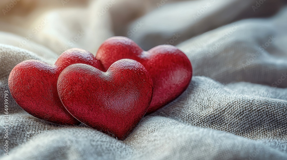 Red Heart Shapes on Soft Fabric Background for Romantic Themes and Celebratory Occasions Red Heart Shapes on Soft Fabric Background for Romantic Themes and Celebratory Occasions