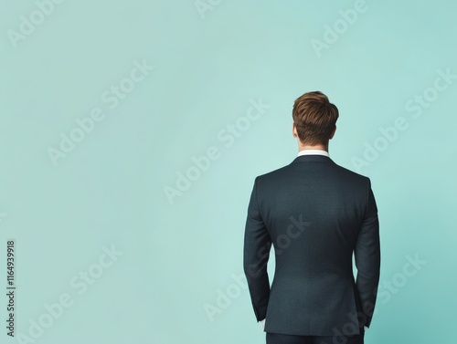 A man in a suit stands with his back to the camera against a light blue background.