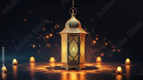 A delicate Ramadan decorative lantern, with a sharp and soft plain black background that highlights the intricate details of the subject.
