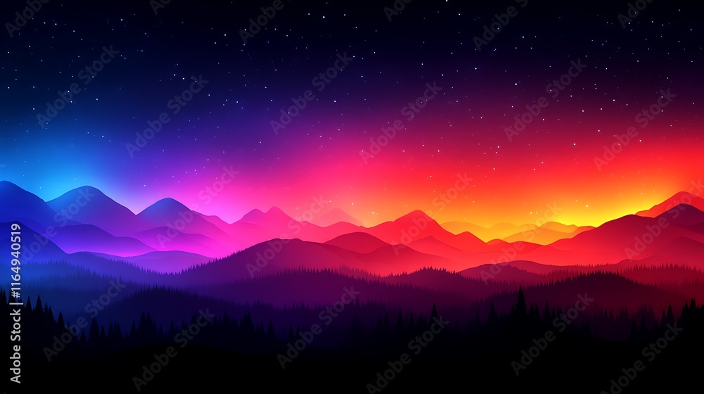 Fototapeta premium Vibrant Sunset Over Silhouetted Mountain Range And Forest