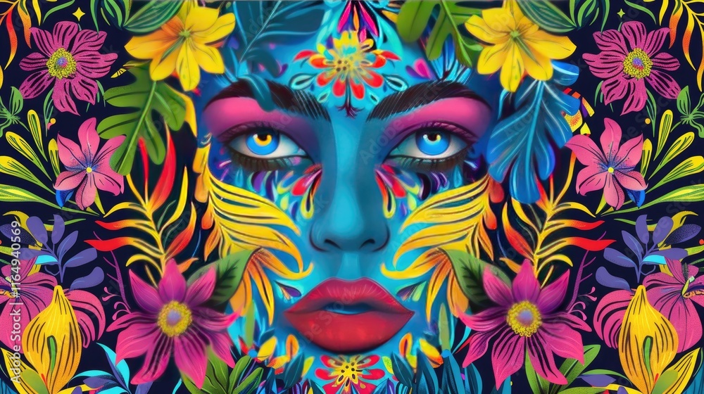 Fototapeta A vibrant, artistic portrait featuring a woman's face adorned with colorful floral patterns.