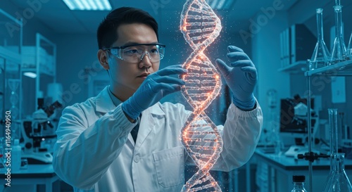 Scientist examining glowing dna strand in laboratory setting photo