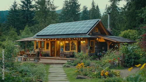 A serene view of an off-grid tiny house in the forest, powered by solar panels, surrounded by nature, peaceful vibes