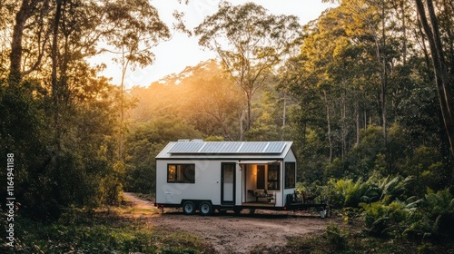 A serene view of an off-grid tiny house in the forest, powered by solar panels, surrounded by nature, peaceful vibes  photo