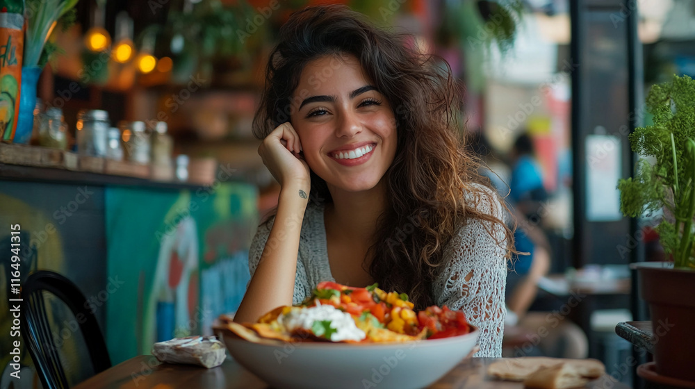 Smiling woman enjoying a vibrant meal in a lively restaurant environment Smiling woman enjoying a vibrant meal in a lively restaurant environment
