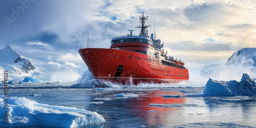 A powerful red icebreaker ship sails through frozen polar waters surrounded by glaciers and icy landscapes- showcasing exploration- resilience- and arctic navigation.