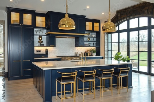 A luxurious modern kitchen with navy blue cabinetry- gold pendant lighting- and an elegant island- combining contemporary design with chic- upscale finishes