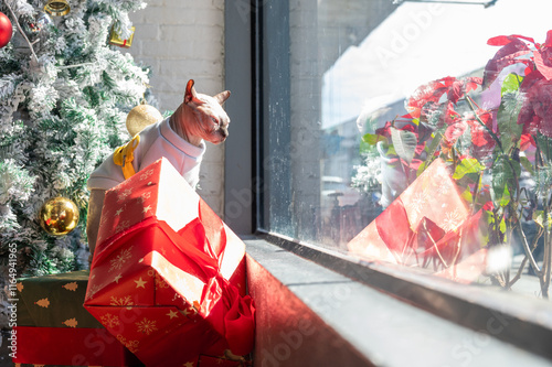 Portrait of the Sphynx cat while looking to somethings outside. The sphynx cat is a hairless cat breed known for their playful and affectionate nature. photo