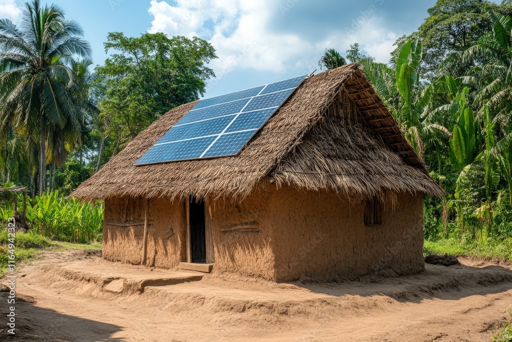 Rural African hut with solar panels on thatched roof, showcasing sustainable energy in developing countries. Rural African hut with solar panels on thatched roof, showcasing sustainable energy in developing countries.
