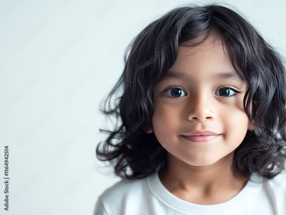 A close-up portrait of a young child with curly hair, smiling gently at the camera. A close-up portrait of a young child with curly hair, smiling gently at the camera.