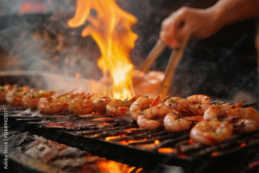 Close-Up of Grilling Shrimp with Tongs in Restaurant Setting Close-Up of Grilling Shrimp with Tongs in Restaurant Setting