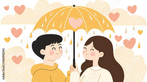 Sweet Cartoon Couple Sharing an Umbrella in the Rain