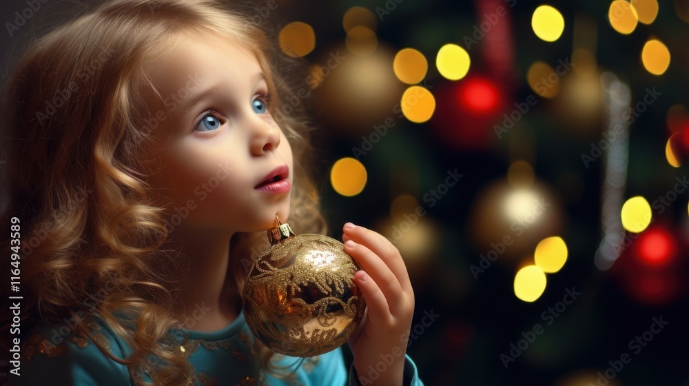 Naklejka premium Curious Christmas Child Delights Amid Holiday Cheer with Ornament Close Up Indoor Festive Decorations Childhood Wonder