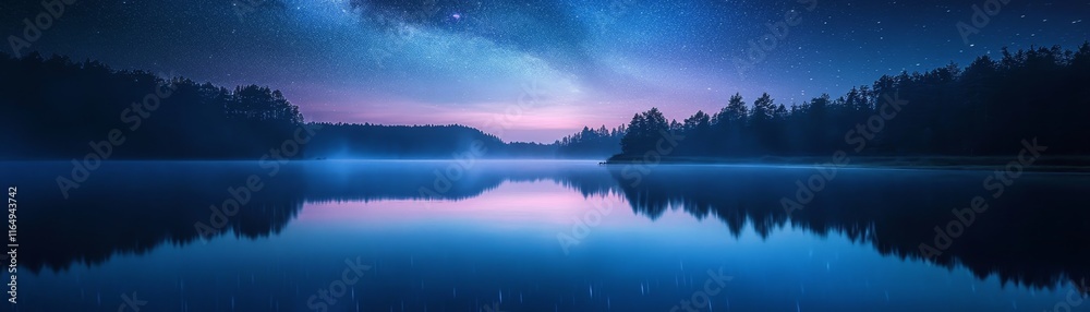 Fototapeta premium Serene Night Sky Reflecting Over Calm Lake Surrounded by Forest
