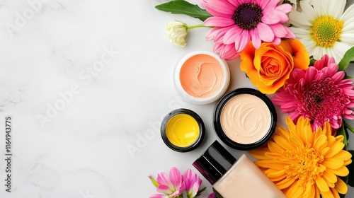 A close-up of high-end skincare products arranged on marble, surrounded by fresh flowers photo