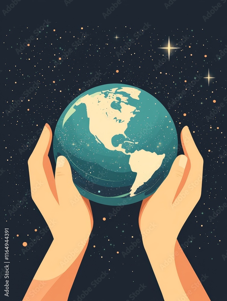 Hands Holding a Stylized Earth Globe with Stars in Background Hands Holding a Stylized Earth Globe with Stars in Background