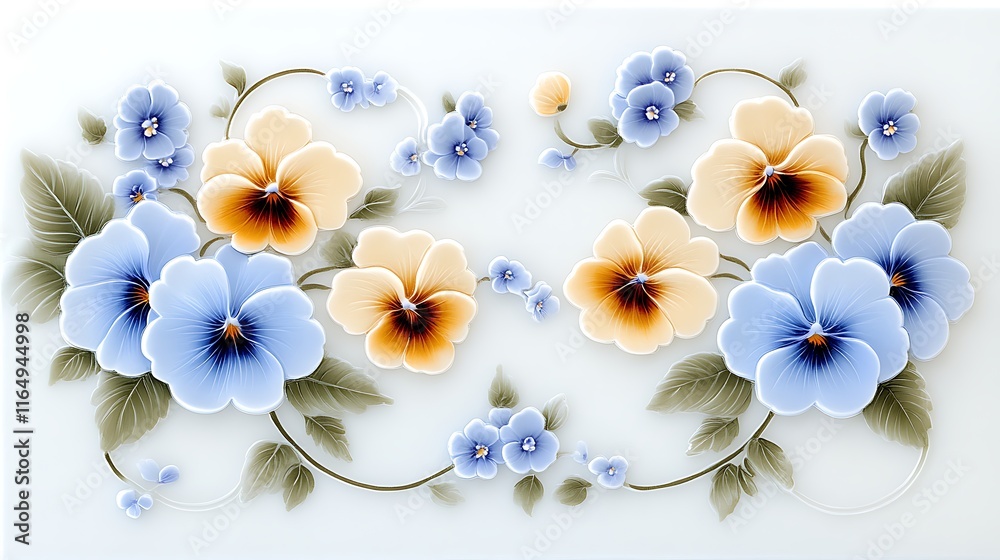 Obraz premium Elegant Pansy Floral Design Blue and Yellow Flowers Ceramic Tile Pattern