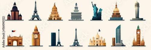 A collection of building icons representing famous landmarks from around the world, styled in flat design photo