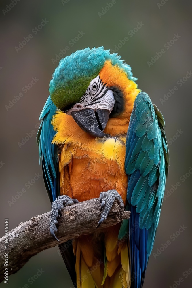 A colorful macaw perched on a branch, preening its vibrant feathers in the sunlight A colorful macaw perched on a branch, preening its vibrant feathers in the sunlight
