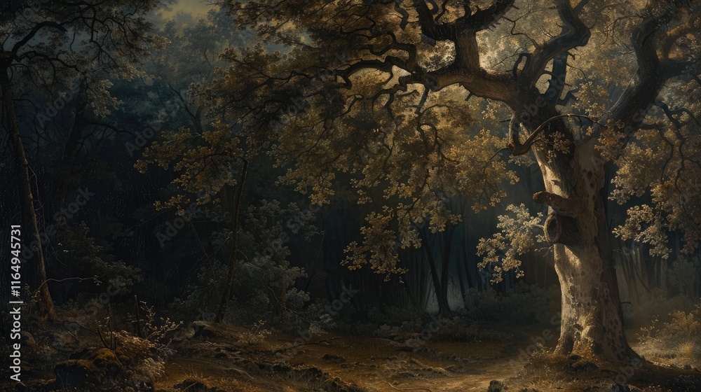 A serene forest scene illuminated by soft light, highlighting an ancient tree amidst shadows. A serene forest scene illuminated by soft light, highlighting an ancient tree amidst shadows.