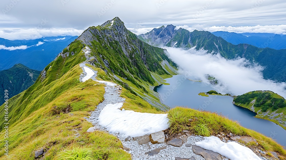 Fototapeta premium Mountain Lake Alpine Trail Hiking Path Snow Clouds Peaks