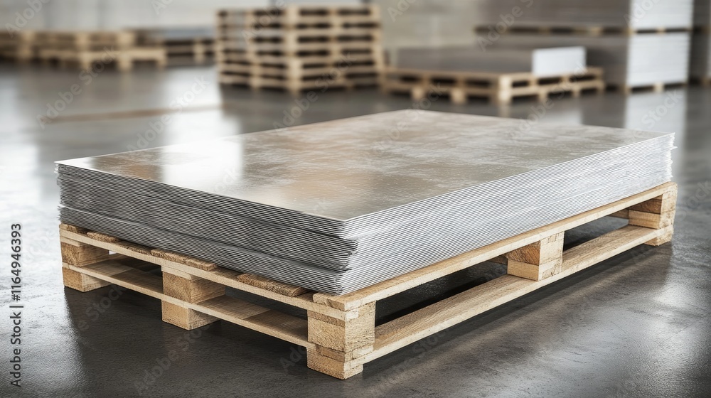 Stacks of metal sheets on wooden pallets in a modern industrial warehouse setting showcasing efficient manufacturing logistics. Stacks of metal sheets on wooden pallets in a modern industrial warehouse setting showcasing efficient manufacturing logistics.