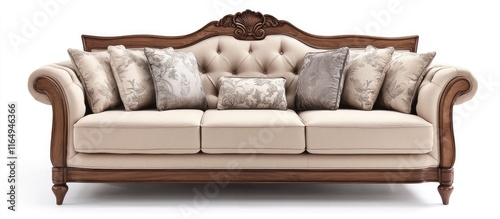 Elegant cream sofa set featuring a wooden headboard and plush cushions ideal for stylish and comfortable living room decor