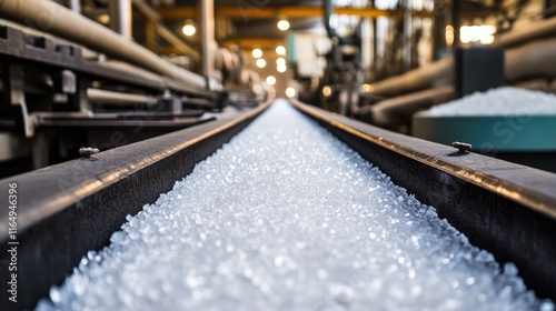 Conveyor Belt Carrying Sugar Crystals in Industrial Factory Setting with Soft Lighting and Production Equipment in Background photo