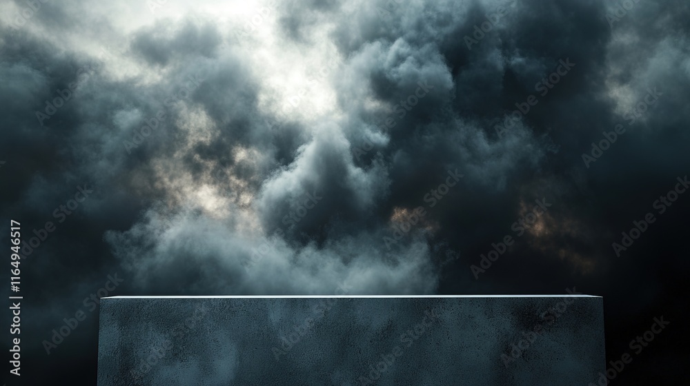 Podium on a Dramatic Cloudscape with Swirling Smoke, Fire, and Pollution Against a Dark, Stormy Sky Background. A Powerful and Evocative Setting for Visual Impact and Storytelling Podium on a Dramatic Cloudscape with Swirling Smoke, Fire, and Pollution Against a Dark, Stormy Sky Background. A Powerful and Evocative Setting for Visual Impact and Storytelling