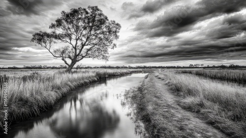 Tranquil autumn creek in black and white with dramatic clouds and a solitary tree reflecting in calm waters