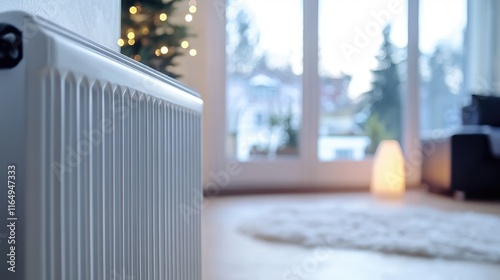 Modern Electric Radiator Providing Warmth and Comfort in Cozy Living Room During Cold Winter Season with Soft Lighting and Seasonal Decor