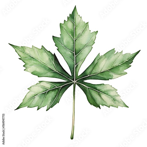 Watercolor painting of a vibrant green leaf with seven serrated lobes, isolated on white background. photo