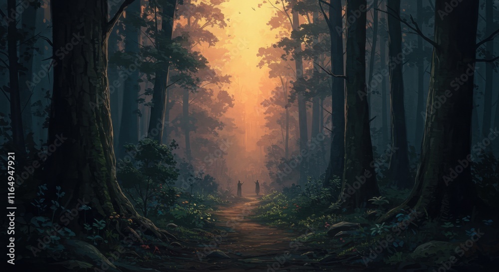 Naklejka premium Majestic forest path at sunset with silhouettes of two deer