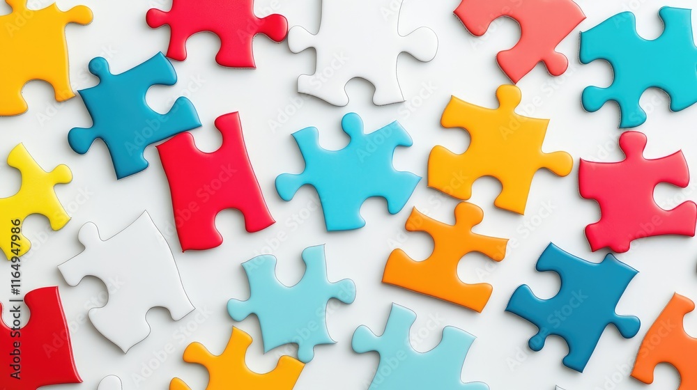 Colorful puzzle pieces scattered on a white background symbolizing communication and collaboration in a creative design concept. Colorful puzzle pieces scattered on a white background symbolizing communication and collaboration in a creative design concept.