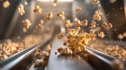 Popcorn Snacks on Conveyor Belt Captured in Motion in Industrial Processing Environment photo