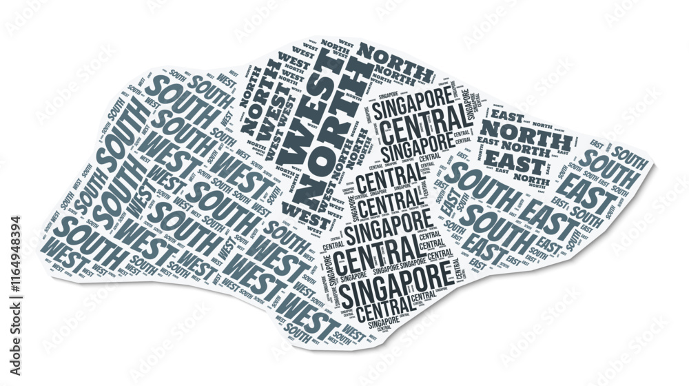 Fototapeta premium Singapore shape text cloud. Country border with shadow on white background. Singapore with regions division in vintage gazette style. Stylish vector illustration.