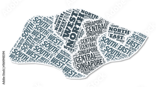 Singapore shape text cloud. Country border with shadow on white background. Singapore with regions division in vintage gazette style. Stylish vector illustration.