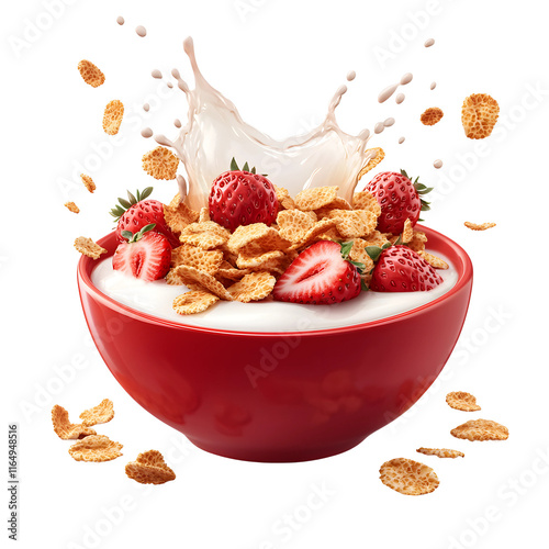  strawberry crunch ceareal from a top view with splashing milk exlpoding out, isolated on transparent background
 photo