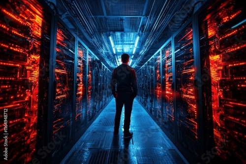 A cryptocurrency miner standing in a high-tech mining rig, surrounded by glowing machines photo