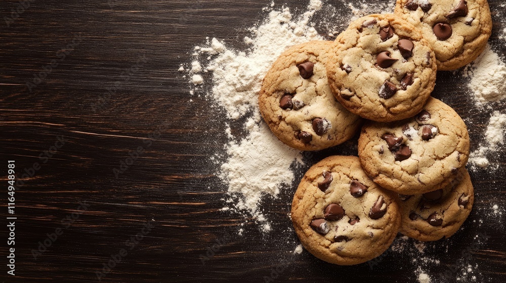 Baked chocolate chip cookies scattered with flour on a rustic wooden surface creating a cozy baking atmosphere Baked chocolate chip cookies scattered with flour on a rustic wooden surface creating a cozy baking atmosphere