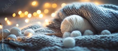 Warm winter scene with soft yarn knitting supplies and glowing lights creating a cozy atmosphere for crafting and relaxation photo