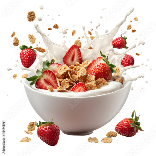  strawberry crunch ceareal from a top view with splashing milk exlpoding out, isolated on transparent background
 photo